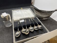 Hallmarked Silver: Set of six apostle spoons, plus a silver topped glass container and a white metal