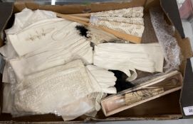 Fashion: 19th cent. Fans for restoration, a padded fan box, elbow and wrist length white kid gloves,