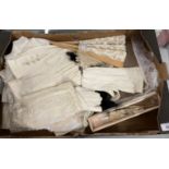 Fashion: 19th cent. Fans for restoration, a padded fan box, elbow and wrist length white kid gloves,