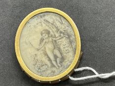 Continental School: 19th cent. Miniature on ivory, putto stood by a tree with inscription 'un scul m