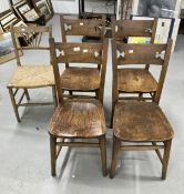 19th cent. Elm chapel chairs with bible holders, pierced backs, turned legs and cross stretchers,