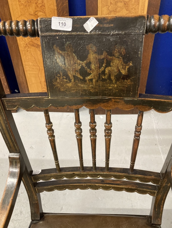 19th cent. Armchair, the back with a painted panel of dancing figures, turned spindles below, shaped - Image 2 of 2
