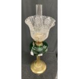 Victorian brass oil lamp with reeded column, green glass font, etched glass shade and Duplex
