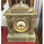 Clocks: Early 20th cent. French Empire green onyx mantel clock with applied brass decoration. French