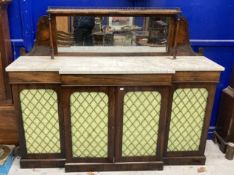 Mid 19th cent. Rosewood marble topped break front sideboard with raised shelf, pierced brass gallery