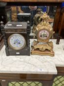 French Louis XIV style gilt metal mantle clock, circular painted porcelain dial in a cylinder case