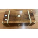 19th cent. Mahogany military brass bound writing slope with inkwells, secret drawers. 20ins. x 9¾
