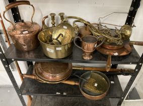 Metalware: Includes pair brass wall lights, copper kettle, 2 handled cup, pair of candlesticks, 3