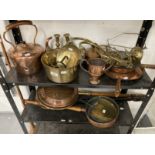 Metalware: Includes pair brass wall lights, copper kettle, 2 handled cup, pair of candlesticks, 3