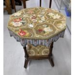 Late 19th cent. Walnut & ebonised Gypsy table. The embroidered top with nine sides on turned &