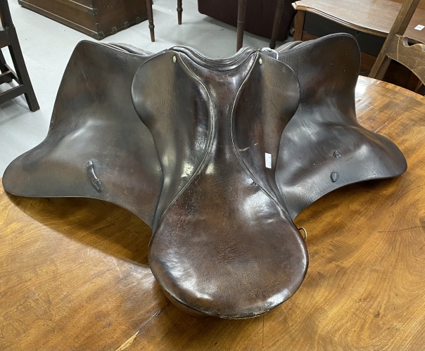 Satterei Beim Kloster brown leather saddle impressed 8N 10 5E and makers label.