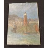 20th cent. Maritime Paintings & Prints: Oil on canvas of a harbour lighthouse, signed indistinctly