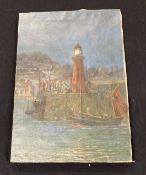 20th cent. Maritime Paintings & Prints: Oil on canvas of a harbour lighthouse, signed indistinctly