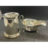 Hallmarked Silver: Sauce boat and half pint tankard A/f. Total weight 8.5oz.