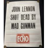 John Lennon: Newspaper flyer 'John Lennon Shot Dead By Mad Gunman. The Echo'.