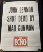 John Lennon: Newspaper flyer 'John Lennon Shot Dead By Mad Gunman. The Echo'.