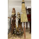Mid 20th cent. Japanese rod puppets. 29½ins. x 26ins. Plus a pair of Indonesian lion dogs, 10ins and