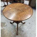 20th cent. Tripod table, burr elm dished top on a bird cage support turned column and three cabriole