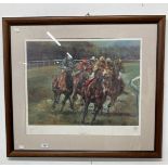 20th cent. Limited edition Racing print, Claire Eva Burton "Three from Home" 37ins. x 33ins.