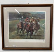 20th cent. Limited edition Racing print, Claire Eva Burton "Three from Home" 37ins. x 33ins.