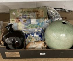Ceramics: Eastern charger decorated with various birds, crackle glazed vase, Studio pottery square