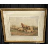 Thomas Sydney Cooper R.A. (1803-1902): Watercolour sheep resting with figure in the field beyond,