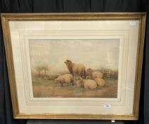 Thomas Sydney Cooper R.A. (1803-1902): Watercolour sheep resting with figure in the field beyond,