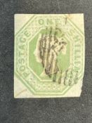 Stamps: GB 1847-54, SG54 1/- (one shilling) pale green, used, dye mark just visible, cut at a slight