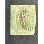 Stamps: GB 1847-54, SG54 1/- (one shilling) pale green, used, dye mark just visible, cut at a slight