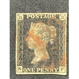 Stamps: GB 1840 SG2 1d black, used believed to be plate 10, obliterated by a red Maltese cross, four