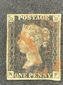 Stamps: GB 1840 SG2 1d black, used believed to be plate 10, obliterated by a red Maltese cross, four