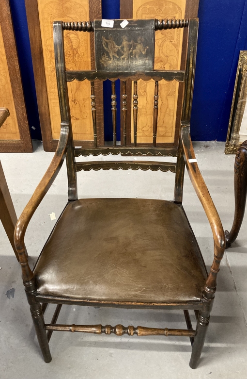 19th cent. Armchair, the back with a painted panel of dancing figures, turned spindles below, shaped