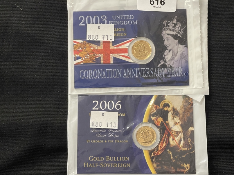 Coins/Numismatics: Gold 2003 and 2006 Queen Elizabeth II Half Sovereigns.