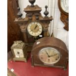 Clocks: Group of three to include 20th cent. German oak cased mantel clock surmounted by turned