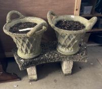 Gardenalia: Pair of modern reconstituted urns plus three piece bench.