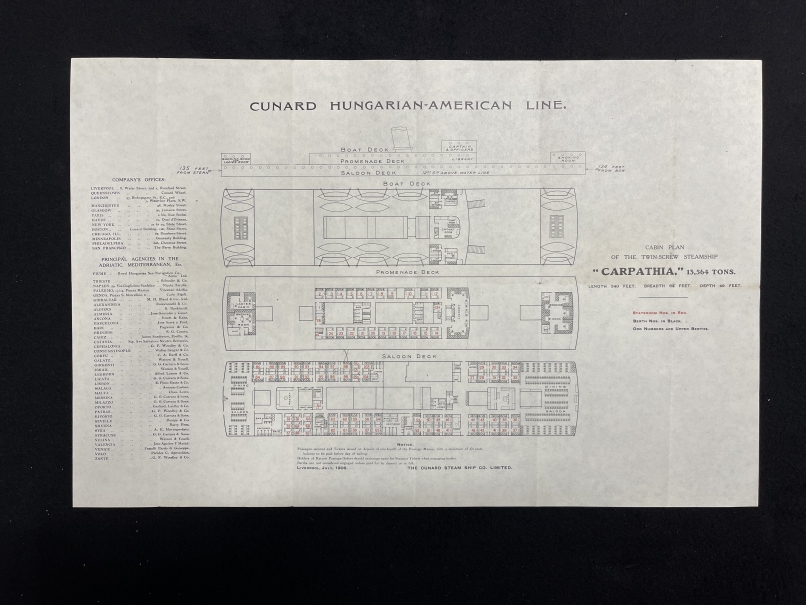 R.M.S. CARPATHIA: Extremely rare Cabin/Deck deck plan for Cunard's famous Carpathia. This plan