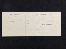 R.M.S. TITANIC: Unusual perforated receipt and stub for typewriting charges, unnumbered ex-