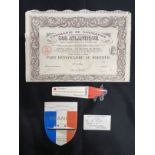 OCEAN LINER: Collection of Il De France and France items, plus share certificate.