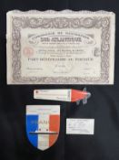 OCEAN LINER: Collection of Il De France and France items, plus share certificate.