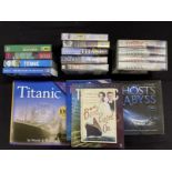 R.M.S. TITANIC: Mixed collection of related DVDs and books.