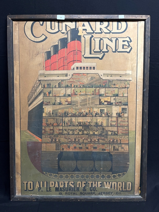 POSTERS: Cunard Line cross sectional of Aquitania, 'To All Parts of The World' mounted on board. A/F
