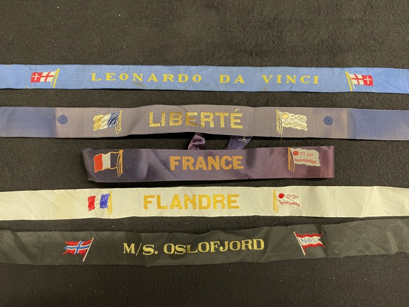 OCEAN LINER: Collection of gala night ribbons including Liberté and France. (5)