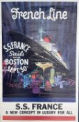 TRAVEL POSTERS: French Line" "S.S. France Sails from Boston Sept. 30" by B. Peak. 46ins. x 30ins.