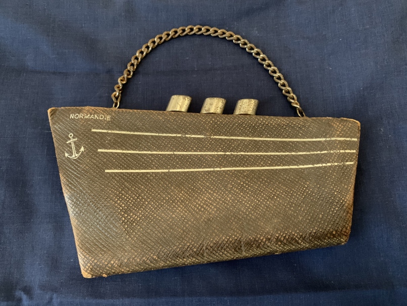 OCEAN LINER/ART DECO: Rare clutch handbag in the form of the S.S. Normandie circa 1935, black