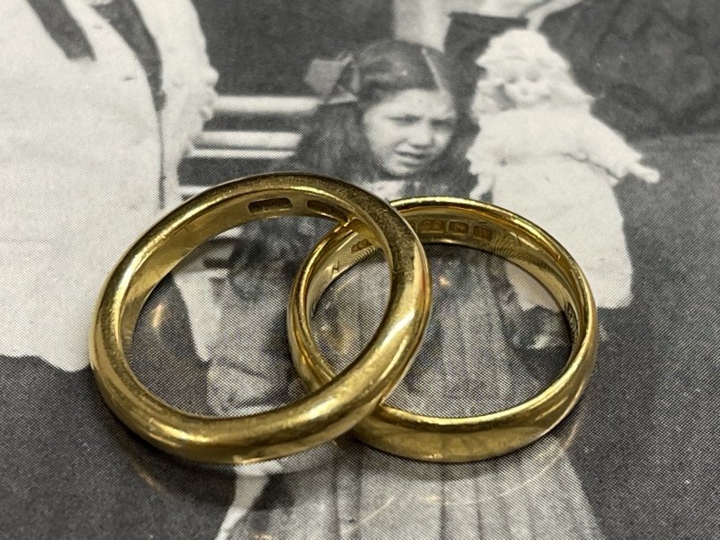R.M.S. TITANIC: Second-Class passenger Emily Esther Hart nee Bloomfield's 22ct. Wedding rings both