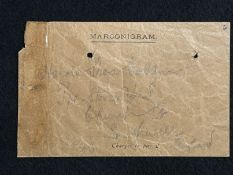 R.M.S. TITANIC. THE HAROLD COTTOM COLLECTION: A red Marconi gram envelope which Harold has written