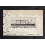 R.M.S. MAURETANIA: Unusual on board silk postcard, postally used Queenstown 1908.