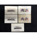 THE MAY COLLECTION: Silk postcards to include Saxonia, Mauretania and Corsican. (5)