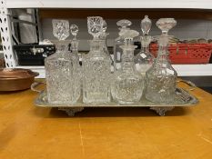 Glass: Three ring glass decanters x 2, two square and four others plus a spare stopper and a diamond