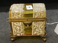 19th cent. Moser Salviati amber glass lidded casket, white enamel lace like decoration and gilt